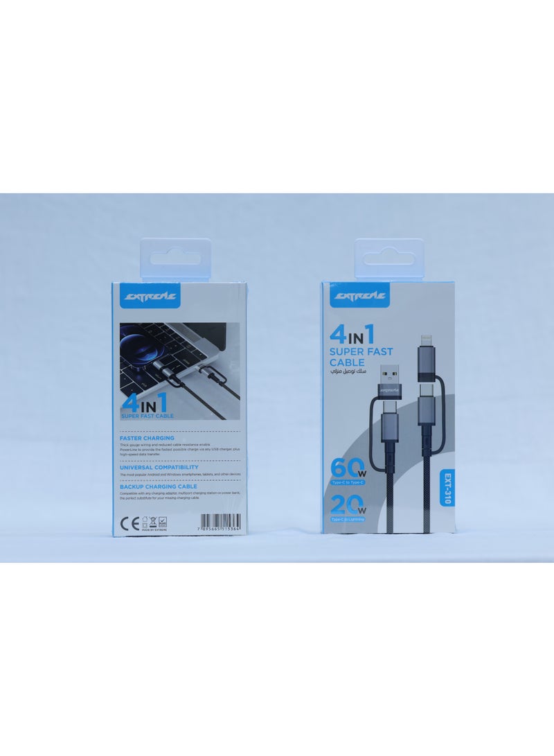 إكستريم كابل EXTREME فائق السرعة 4 في 1 للشحن مع Type-C بقدرة 60 واط ولايتنينج 20 واط – EXT-310 - Image 1